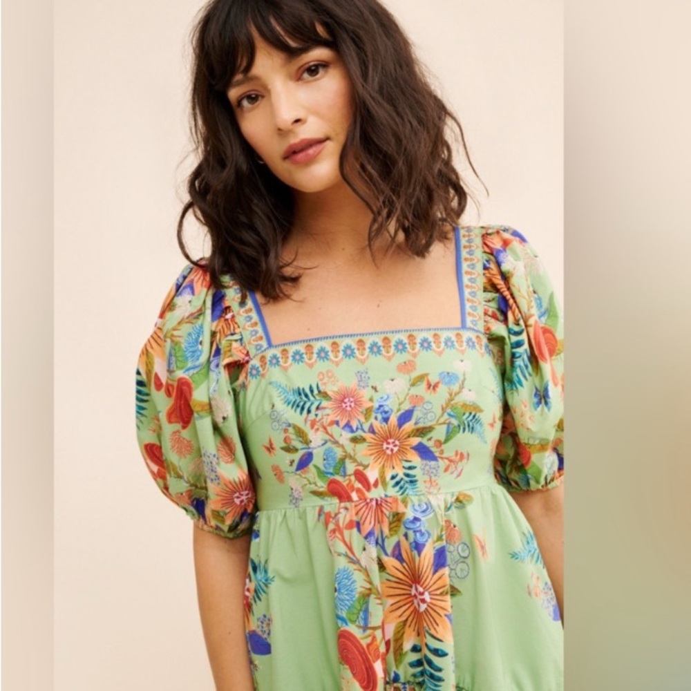 FARM Rio Green Floral Mini Dress with Puff Sleeves